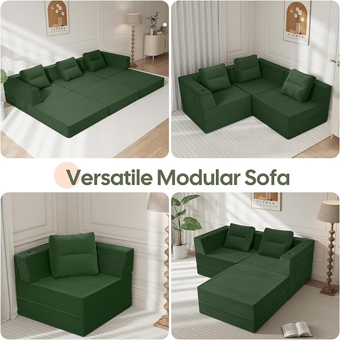COMAX Futon Sofa Bed 3 Seater, 106" Convertible Sofa Bed Couches for Living Room, 4 in 1 Folding Boneless Sleeper Corduroy Couch Foam in a Box, Comfy Foldable Lounge Fold Out Floor Mattress, Green