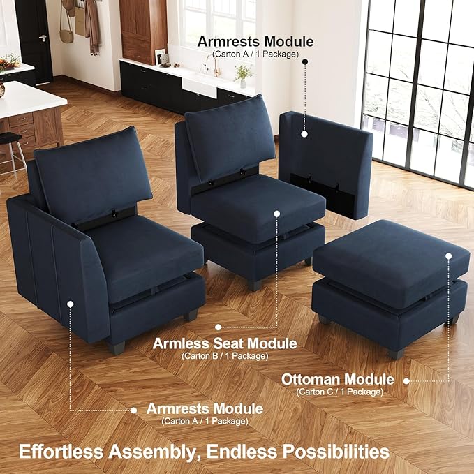 Belffin Modular Sectional Sofa Sleeper Couch with Storage Velvet Sectional Sofa Bed, 6 Seats, Blue