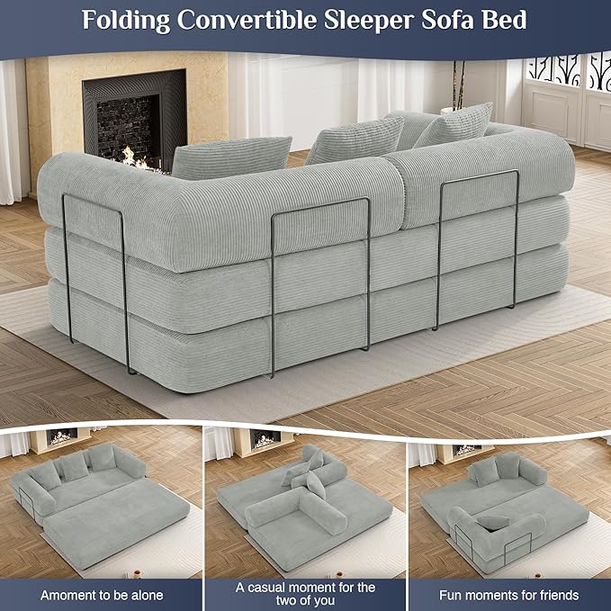 DAMAIFROM Convertible Sleeper Sofa Bed with Pillow, 4-in-1 Corduroy Folding Mattress Couch with Fixed-Shape Frame, Futon Fold Out Floor Sofa Cama Lounge Couch for Living Room Bedroom, Light Grey