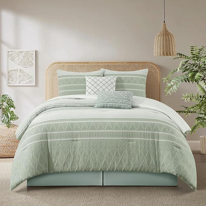 Grand Avenue Cotton King Size Comforter Set, 6 Piece, Sage Geometric Jacquard Bedding Set, Bedskirt, Pillows & Shams, Home Decor
