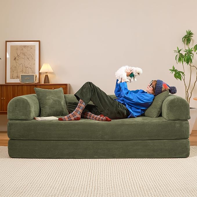 79" Convertible Sofa Bed, Boneless Corduroy Sleeper Foldable Modular Couch, Memory Foam Compressed Sofa in A Box,Folding Mattress Floor Couch for Small Space Living Room Apartment Bedroom,Light Green