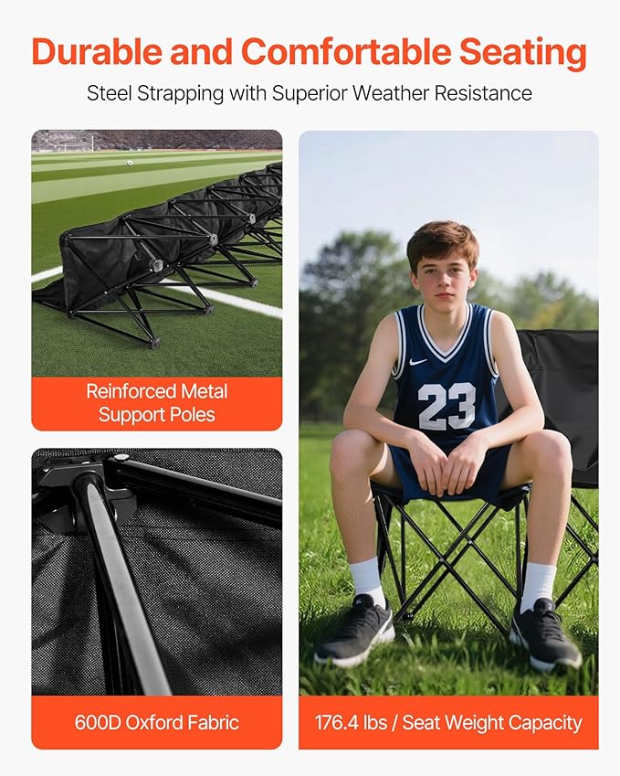 VEVOR Portable Folding Bench, 6 Seat Soccer Bench with Multiple Storage Pockets & Carrying Bag, Lightweight Sideline Seating with Back Rest for Football, Baseball, Camping, Outdoor Events, Black
