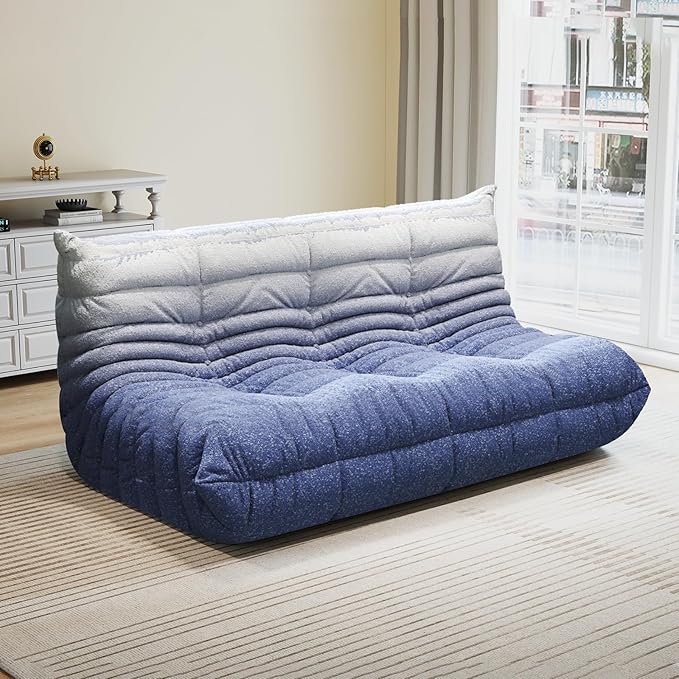 Selyteramy 3 Seat Oversized Bean Bag Chairs for Adults, Memory Foam Fireside Beanbag Couch, Comfy Bean Bag Lounger Lazy Sofa for Living Room, Bedroom, Playroom, White + Blue