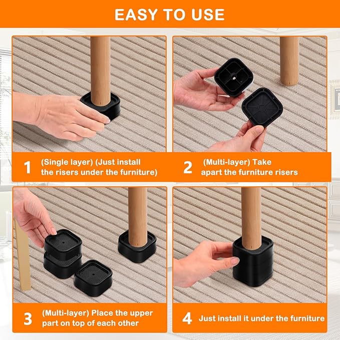 shouwuhho 9 Pack Furniture Risers Adjustable Bed Risers Heavy Duty Lifts Height 1", Square Stackable Bed Risers 1, 2 or 3 Inch for Desk Leg Table Couch Sofa Chair Bed Frame Legs Dorm, Black