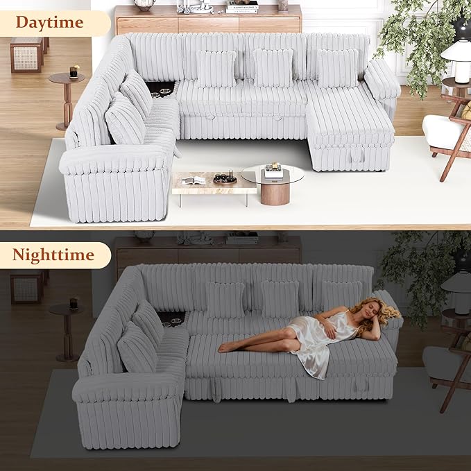 Modular Sectional Sleeper Sofa with Pull Out Bed, Storage Chaise & USB Charging, U Shaped Plush Corduroy Sectional Couches for Living Room, Comfy Convertible 7 Seat Cloud Sofa Bed, Grey