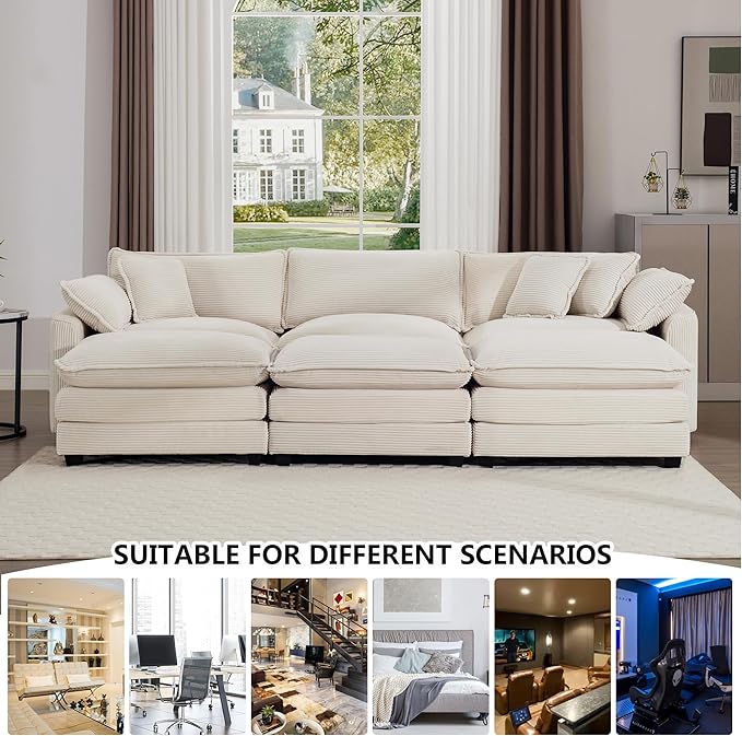 Aoowow Corduroy 3 Seater Sofa Couch,Modern Large Cloud Couches for Living Room,Modular Sectional Cloud Sofas with Deep Seat,Oversized Tufted 3 Seat Sofa Set. (Beige, 3 Seater)