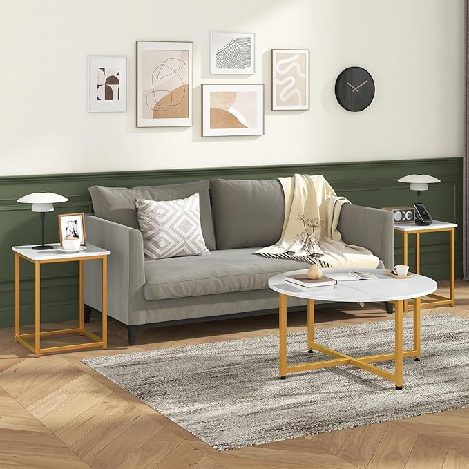Giantex Round Nesting Table Set of 3, Modern Faux Marble Coffee Table w/2 End Tables, Sturdy Metal Frame, 3-Piece Wooden Living Room Table Set for Home Office, Apartment (White & Gold)