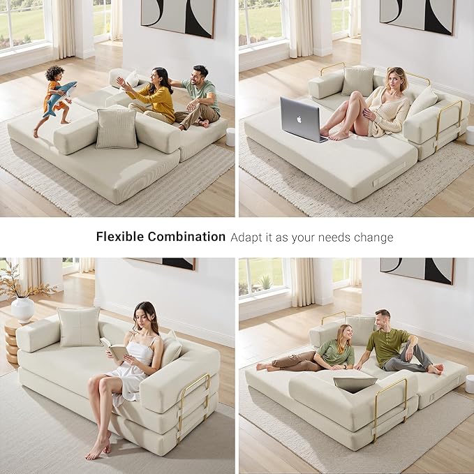 78" Convertible Sleeper Sofa Bed, Corduroy Folding Sofa Bed with Fixed-Shape Frame, Fold Out Floor Mattress Couch, Lazy Compression Sofas for Living Room, Bedroom, No Assembly Required, Beige