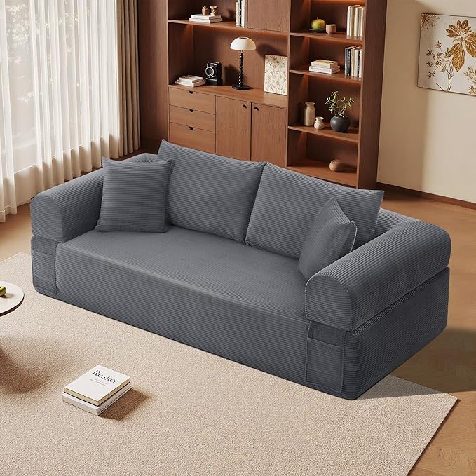 83" Sofa in a Box, 3 Seater Couch No Assembly Boneless Sofa Bed with Cushion Back 2 Pillows Deep Seat Corduroy Fabric Side Storage Pockets for Living Room, Bedroom, Apartment, Office, Deep Grey