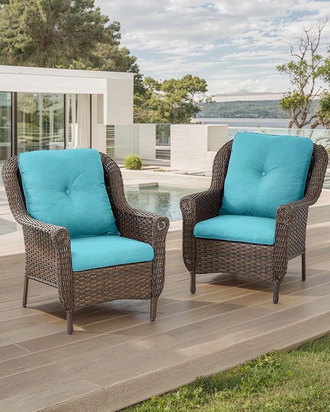 ACTREST Patio Wicker Chairs Outdoor Furniture Chair - Set of 2 Outside All Weather Lawn Dining Brown Rattan Armchair with High Back&Deep Seating for Deck Porch Balcony Backyard Garden - Turquoise