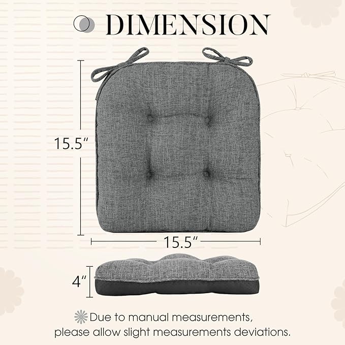 Basic Beyond Chair Cushions for Dining Chairs 6 Pack, Chair Cushion with Ties and Non Slip Backing, 15.5 x 15.5 inches Tufted Chair Pads for Dining Chairs, Dark Grey