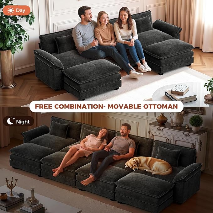 CDCASA 154" Oversized Modular Sectional Sofa, Comfy U-Shaped Cloud Couch w/ 3 Ottoman, 7-Seater Chenille Deep Seat Modern Sofa Couch for Living Room, Bedroom, Apartment, Office, Black