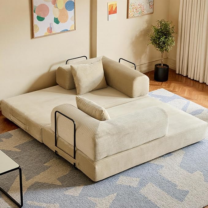 59 Inch 5-in-1 Convertible Sofa Bed, Corduroy Boneless Floor Couch with Fixed Frame & Pillow, Modular Folding Mattress Lounger for Small Space, Living Room, Bedroom - Easy Assembly(Beige)