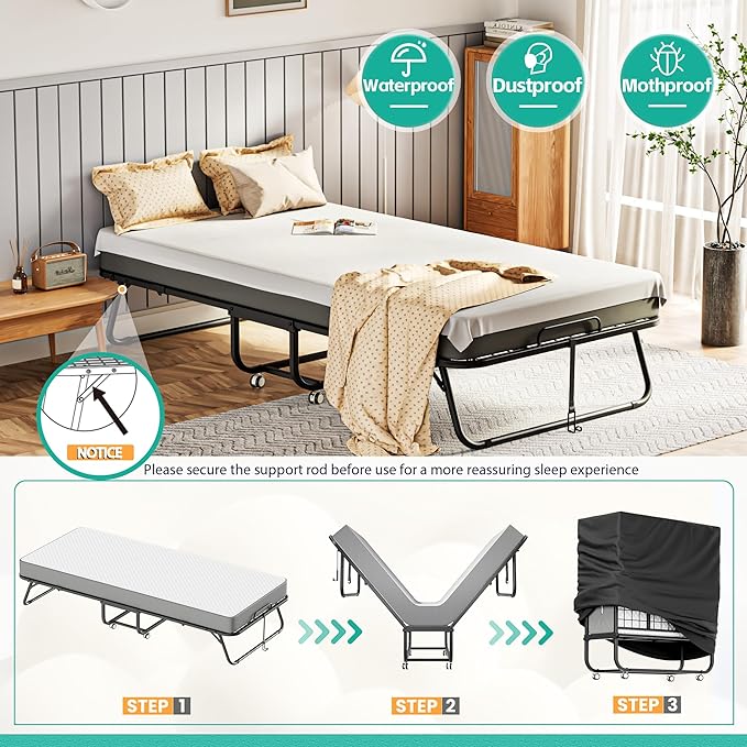 Greenvelly Folding Bed with 5 Inch Mattress, 75” x 38” Portable Rollaway Bed with Memory Mattress and Metal Frame for Adults,Guest, Twin Size,Cot Size