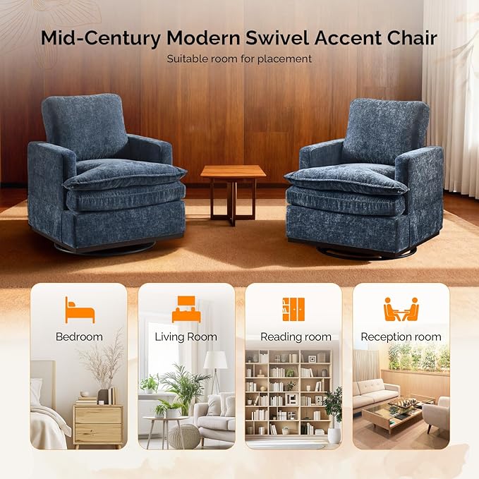 VINGLI 360° Swivel Mid-Century Modern Accent Armchair with Double-Layer Seat Cushions, Comfy Single Square Sofa, Upholstered Club Chair for Living Room,Bedroom, Reading Room, Chenille Blue