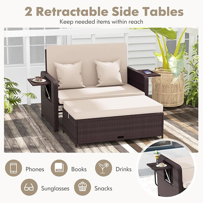 RELAX4LIFE Wicker Patio Outdoor Daybed - Rattan Day Bed Lounger with Loveseat & Storage Ottoman, Sunbed Sofa Set w/Cushions, 4-Level Adjustable Backrest & 2 Retractable Trays, Patio Daybed (Beige)
