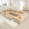 KEIKI 138" U-Shaped Oversized Corduroy Modular Cloud Sectional Sofa with 1 Ottoman, High-Density Foam Cushion, Extra-Thick Armrest, 6-Seater Fluffy Corner Couch with 20 Pillow, for Living Room, Camel