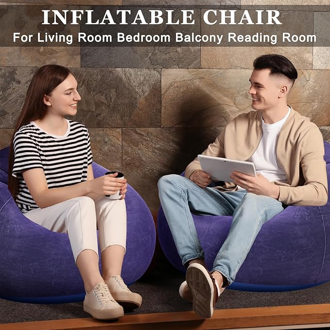 Realspring 2 Pcs Inflatable Bean Bag Chairs with Electric Air Pump Outdoor Blow up Chair Inflatable Lazy Sofa Folding Portable Loungers Couch for Living Room Bedroom(Blue)