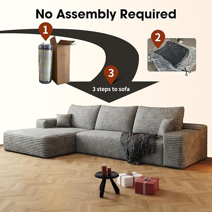 AUGOP 108" Sectional Couches for Living Room Modern Modular Sofa with L-Shape Couchs Upholstered Boneless Couch Deep Seat Sectional Couch with Chaise (Grey, Left Facing Chaise+2Seaters)