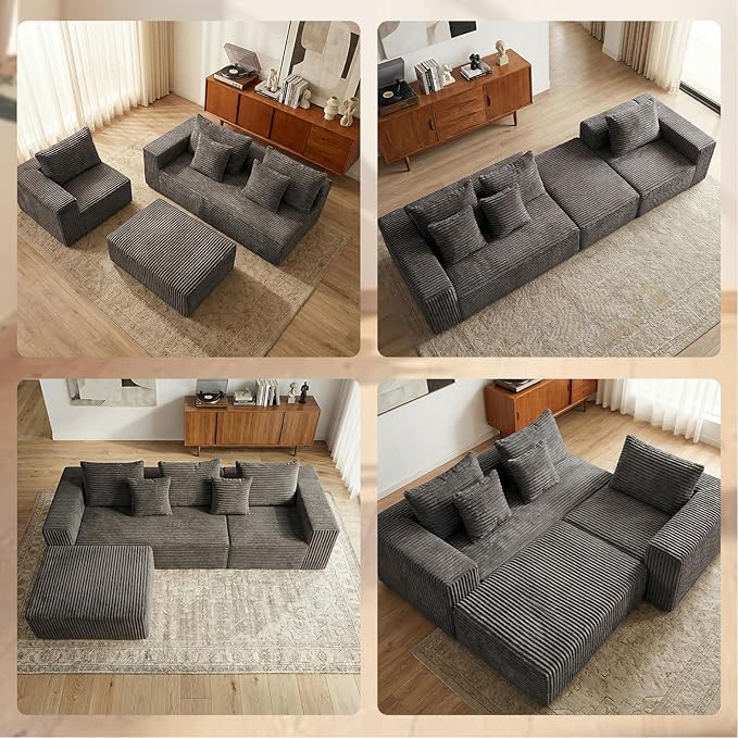 Sytopia 109" L-Shaped Cloud Couch, Boneless Modular Sectional Sofa with Deep Seat for Living Room Bedroom, Modern Floor Couch Corduroy, Comfy Sleeper Futon Sofa Bed 40D Foam Furniture, Left Facing