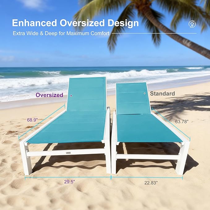 PURPLE LEAF Outdoor Oversized Chaise Lounge Set for Tall & Strong Individuals Adjustable Recliner Extra Wide Lounge Chairs with Side Table for Poolside Beach Patio Aluminum Chaise Lounger Blue