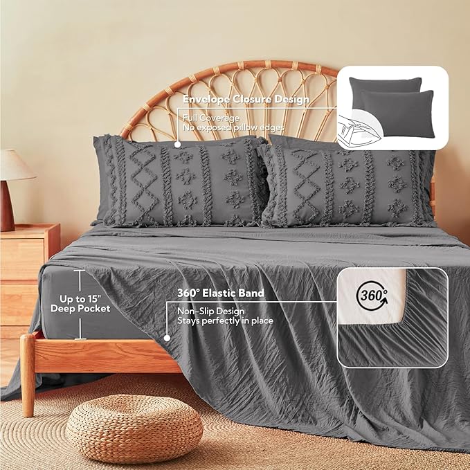 MR&HM Queen Comforter Set Dark Grey, 7 Pieces Tufted Boho Beddding Sets, Farmhouse Style Bed in a Bag with 1 Comforter, 2 Pillow Shams, 2 Pillowcases, 1 Flat Sheet, 1 Fitted Sheet for All Seasons