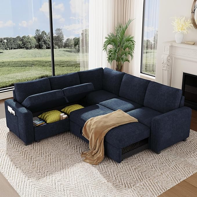 Vesgantti 88.4" Sleeper Sectional Couch with Pull Out Bed, 5 Seater L Shaped Modular Sectional Sofa with Storage, Comfy Chenille Modular Sofa for Living Room, Bedroom, Apartment, Blue
