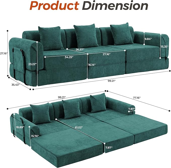 100" Oversized Convertible Sleeper Sofa Bed, Modular Sectional Cloud Sofa with Fixed-Shape Frame & Tabletop, Boneless Couch with Storage Pocket for Living Room, No Assembly Required, Green