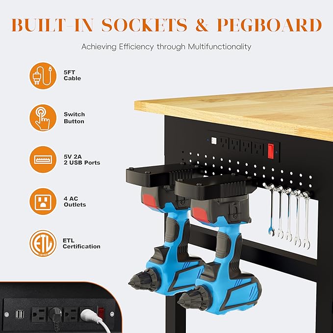 Betterhood 60" Heavy Duty Adjustable Workbench with Large Pegboard & LED Light, Adjustable Work Table with Power Outlets & Lockable Wheels, Rubber Wood Workstation for Garage, Workshop, Office, Home