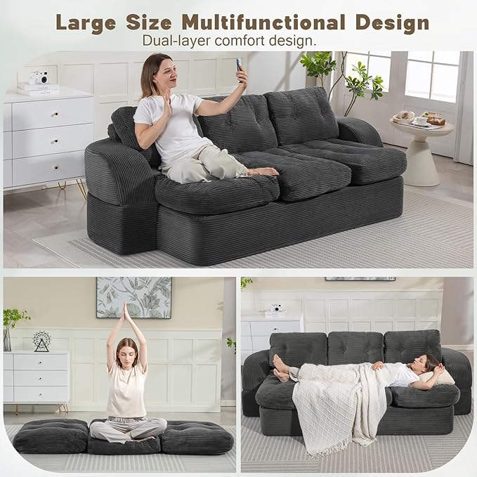 MeMoreCool Convertible Floor Sofa Couch – 3-Seater Sleeper with Tufted Cushions, Dark Grey Corduroy Modular Foam | Cloud Couch for Living Room & Bedroom | No Assembly | Soft Ergonomic Support