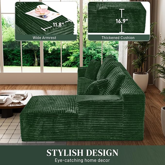 Modular Sectional Sofa Cloud Sectional Couch, 107" Comfy Fluffy L Shaped Green Couches for Living Room, Deep Seat Memory Foam Plush Corduroy Boneless Couch Sectionals with Right Facing Chaise Sofa