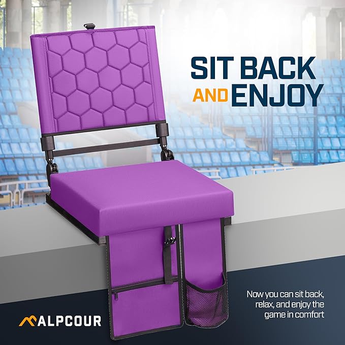 Extra Wide Folding Reclining Stadium Seat with Back Suppot for Bleachers, Bleacher Hooks, Thick Cushion, Cup Holder, Storage Pockets – Portable Chair for Kayak, Canoe, Paddle Board, Concerts, & Sports