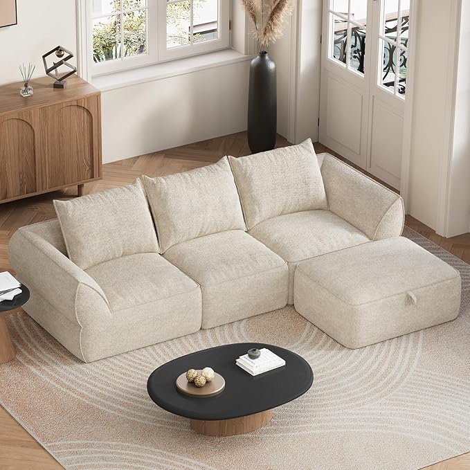 104" Modular Sectional Sofa with Deep Seat, Comfortable Upholstery L Shaped Cloud Couch for Living Room, 3-Seater Boneless Sofa with Movable Ottomans, Removable Cover, No Assembly Required, Apricot
