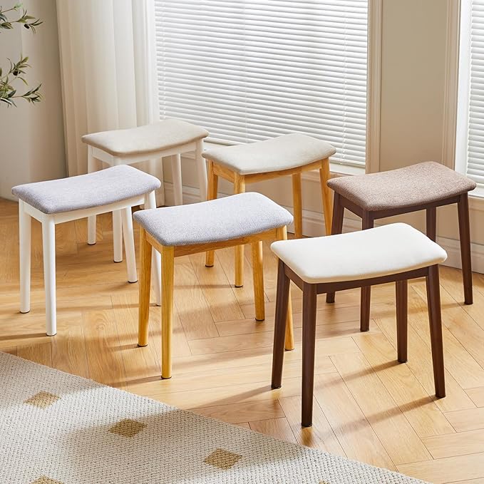 IBUYKE Saddle Cushion Vanity Stool Chair, Foot Rest Stool with Solid Wood Legs, Modern Vanity Bench Ottoman for Piano, Upholstered Seat for Bedroom, Entryway, Walnut Legs&Off White WBD007HM
