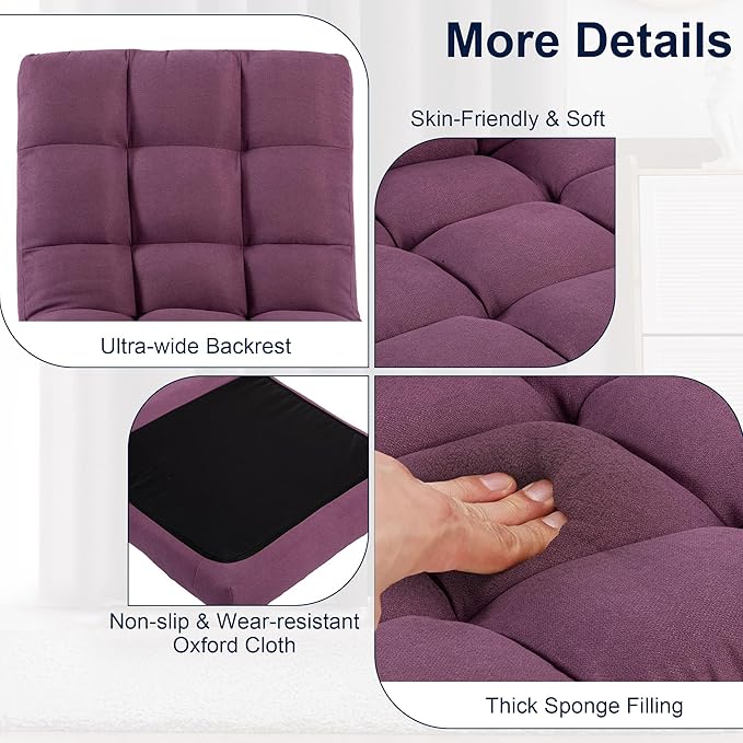 HOMYEDAMIC Folding Floor Chair with Back Support, Adjust Lay Flat Recliner Oversized Lounge Wide Lazy Boy Gaming Ergonomic Single Sofa Seat for Living Room Bedroom(Purple)