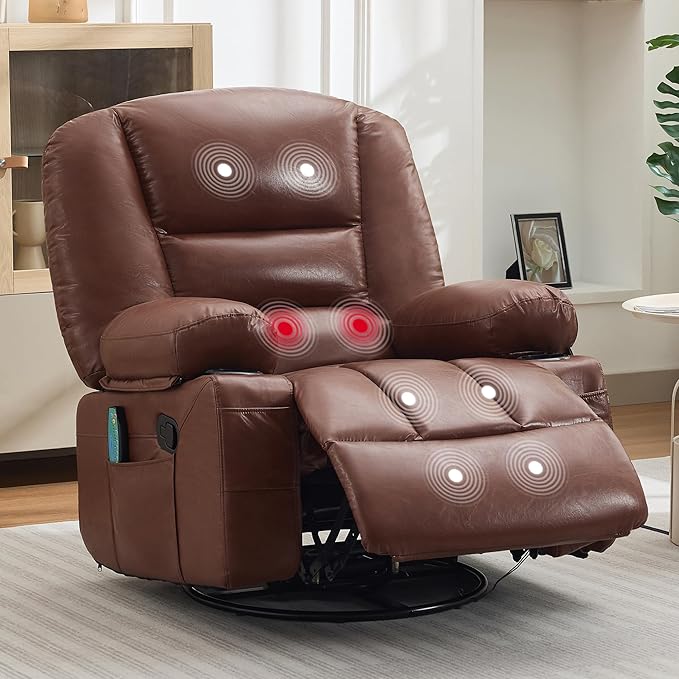 Rocker Recliner Chairs for Adults w/Vibration Massage and Heating,360° Swivel Rocker Glider Recliner,Extra Wide Manual Lazy Chair,PU Leather Overstuffed Soft Sofa Chair for Living Room,Bedroom,Brown