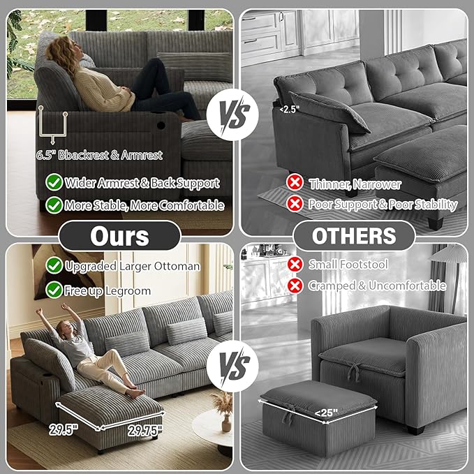 130" W x 67" D U Shape Sectional Sofa with USB Charging & Cup Holder & Storage, 6 Seater Plush Corduroy Couches with Movable Ottoman, Cloud Couch Sofas for Living Room, DIY Combination - Grey