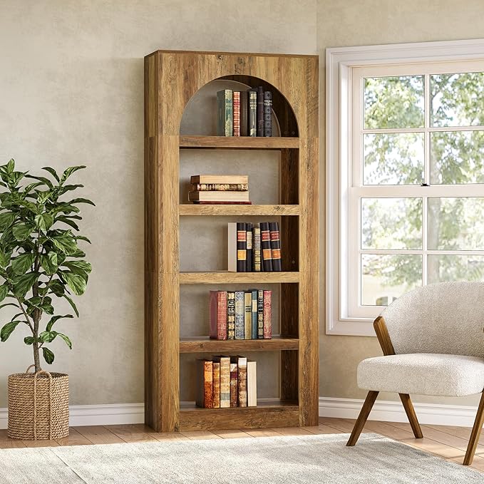 LITTLE TREE 5-Tier Arched Bookshelf, 70.8 Inches Modern Wooden Bookcase, Open Display Storage Shelf Organizer for Living Room, Home Office, Bedroom, Light Brown
