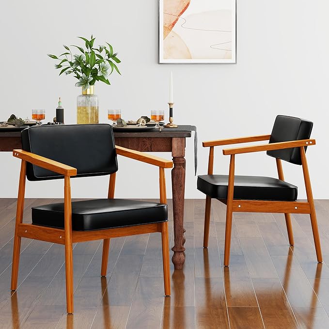 LSSPAID Mid Century Dining Chairs with Wooden Handrail, Black Fabric Upholstered Faux Leather Armchair Comfy Backrest Modern Kitchen Chairs for Bedroom Living Room Dining Room, Set of 2