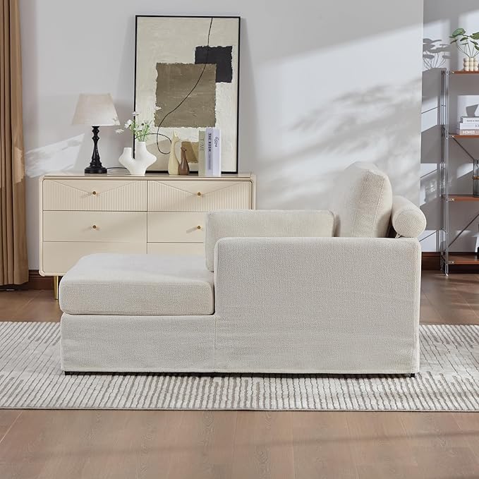 KEIKI 60" Chaise Lounge Chair Indoor, Modern Deep Seat Sofa Bed, Corduroy Couch with Cushions, Single Sleeper Chair for Living Room, Bedroom, Apartments, Ivory (Right Side)
