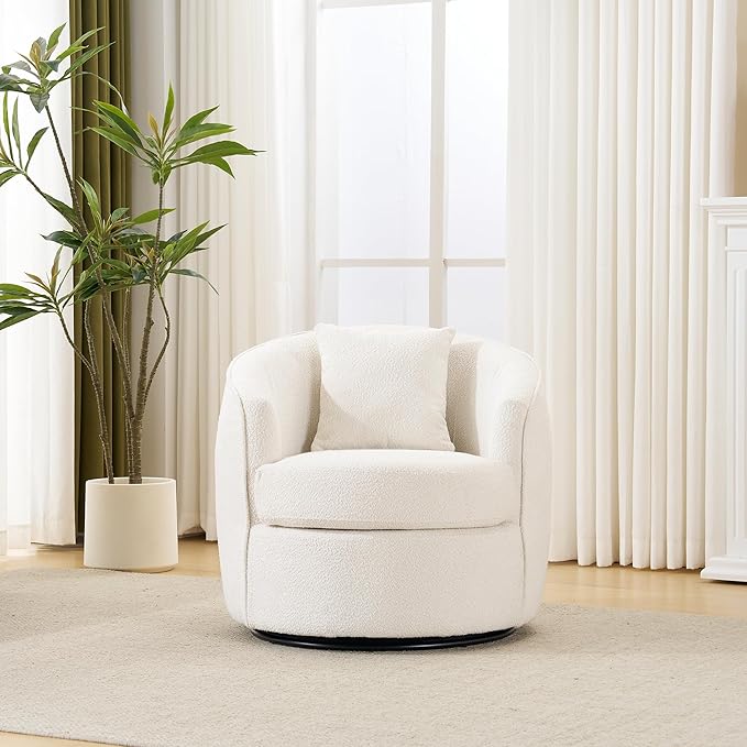 FaFaSoGoodFa Swivel Accent Chair, Modern Upholstered Boucle Barrel Arm Chairs with Pillow for Living Room, 360 Degree Round Swivel Sherpa Armchair with Round Base for Bedroom Club (1, Cream)