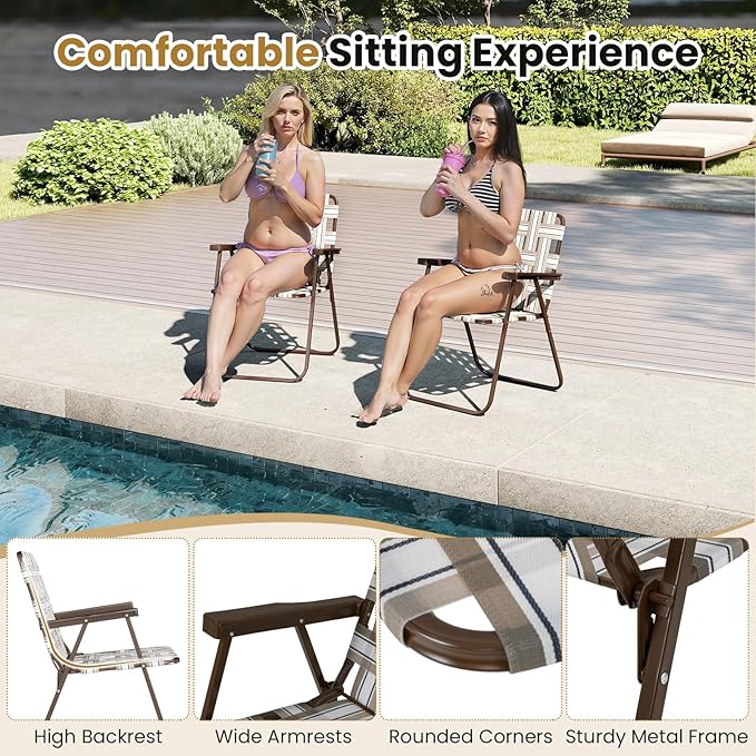 GYMAX Lawn Chair Folding, Webbed Beach Lounge Chairs Set with Highback, Outdoor Portable Lightweight Camping Dinning Chair for Patio, Lawn, Poolside, Sports, Garden, Backyard (4,Coffee)
