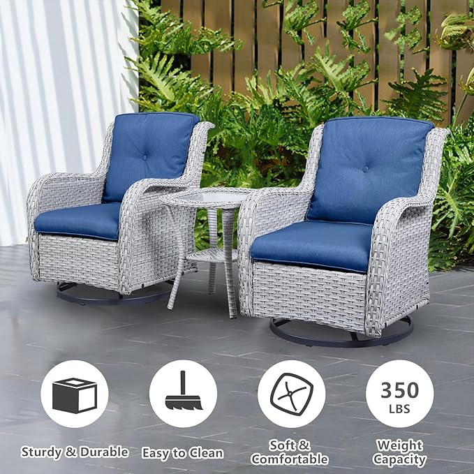 Belord Wicker Patio Furniture Sets - 13 Piece Outdoor Rattan Furniture Conversation Sets with 4 Swivel Rocker Chairs, 2 Rattan Sofas, Wicker Ottomans and Coffee Table, Light Grey/Blue