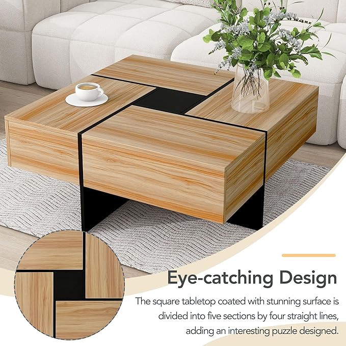 HanStrong 31.5" Square Coffee Table with 4 Hidden Storage Compartments,Cocktail Table with Extendable Sliding Tabletop,UV High-Gloss Design Center Table for Living Room,Brown