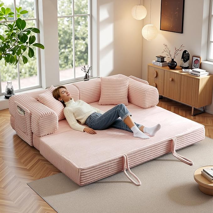 Chorlenimi Boneless Couch Futon Sofa Bed Sectional Couches for Living Room,Cloud Couch with Sleeper Sofa,Sofas for Living Room Oversized Corduroy Upholstered (Pink, 81 Inches (with Iron Frame))