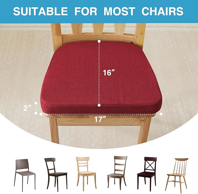 Chair Cushions for Dining Chairs Set of 4, Non Slip Kitchen Chair Pads, 17" x 16" x 2", Indoor Dining Chair Cushions with Ties, D-Shaped Seat Cushions for Kitchen Chairs, Red