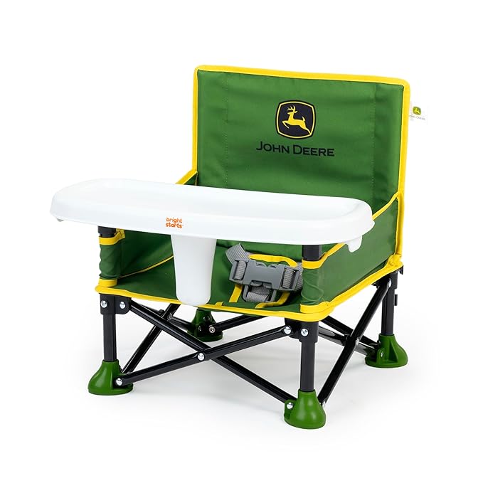 Bright Starts John Deere Pop 'N Sit Portable Booster Chair, Floor Seat, Indoor/Outdoor Use, Compact Fold, Green and Yellow, 6 Mos - 3 Yrs