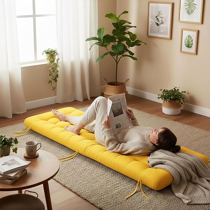 Vercraft Long Floor Cushion Large Floor Cushion with Brushed Cotton 74.8 x 27.5 x 3.15 in Jumbo Lounger Pillow for Outdoor Indoor Bay Window Meditation Yoga Reading Sleeping(Yellow)