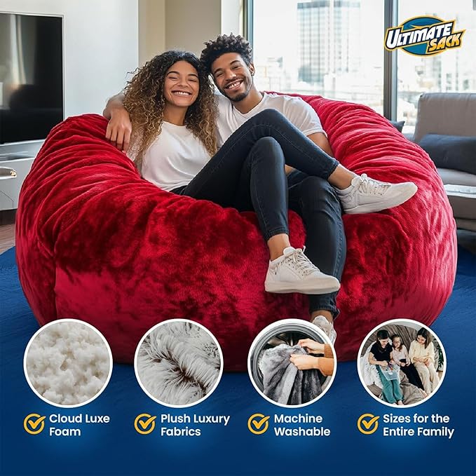 ULTIMATE SACK 5000 5-Foot Bean Bag Chair with Footstool, Cloud Suede Cover – Oversized Foam Lounger, Floor Seat, Small Sofa, or Couch Bed for Living Area, Gaming Room, or Reading Lounge