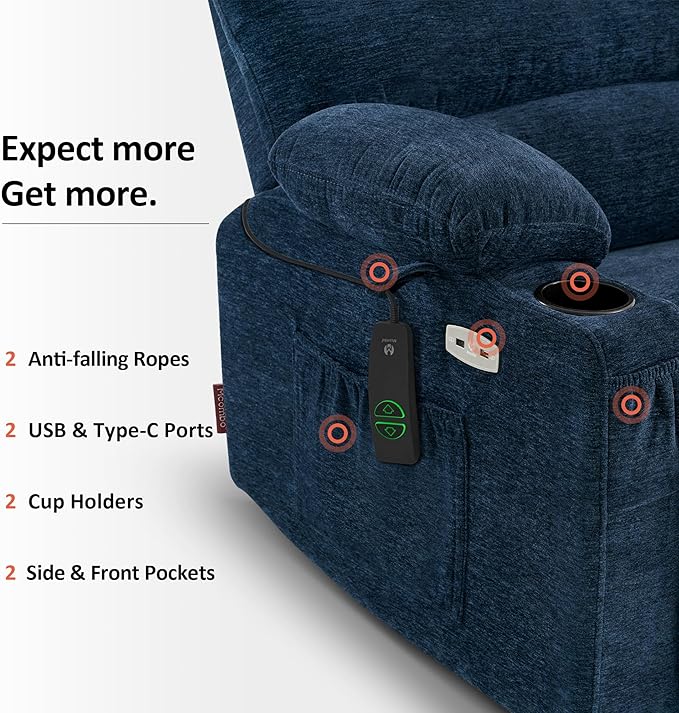 MCombo Power Lift Recliner Chair for Elderly, Lift Chair with Heat and Massage, Extra Wide Lift Recliner for Big People, Fabric R7096 (Medium-Wide, Navy Blue)